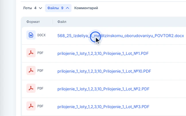 Список файлов закупки: DOCX и PDF, курсор на документе DOCX