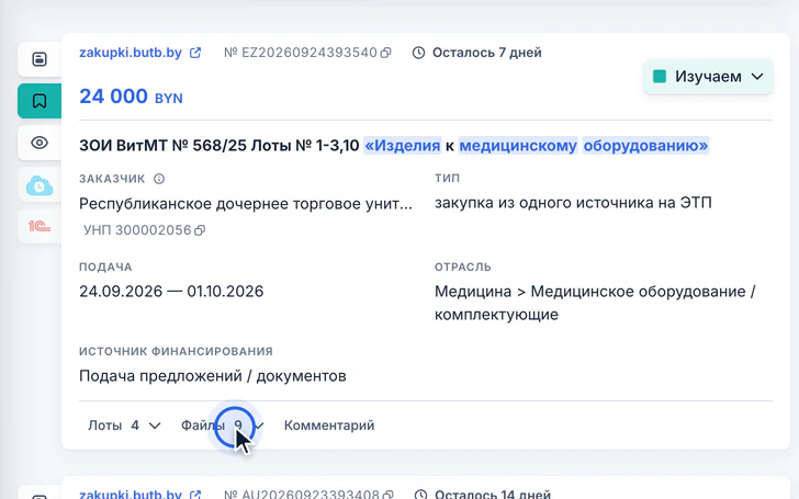 Карточка закупки в кабинете, курсор на кнопке «Файлы»