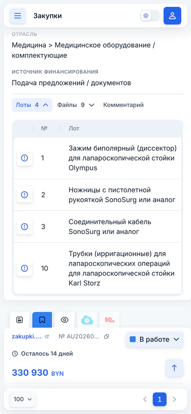 Мобильная карточка с раскрытыми лотами: зажим биполярный, ножницы, соединительный кабель