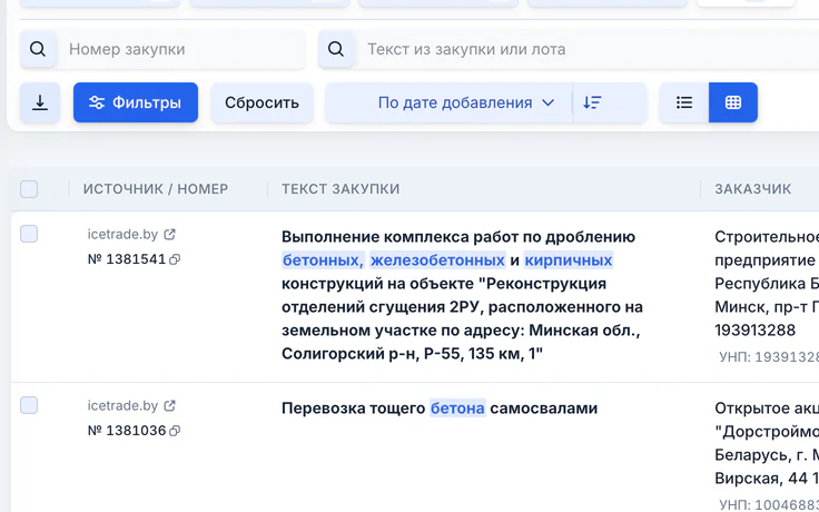 Очередь закупок таблицей: источник и номер, текст закупки, заказчик